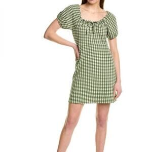Puff-Sleeve Dress Gingham Forestcore coquette cottage Fern Green white, XS